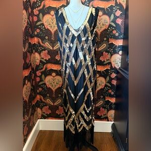 Gatsby Lady London Flapper Dress 1920s Costume Black Gold Sequin Fringe Size 24
